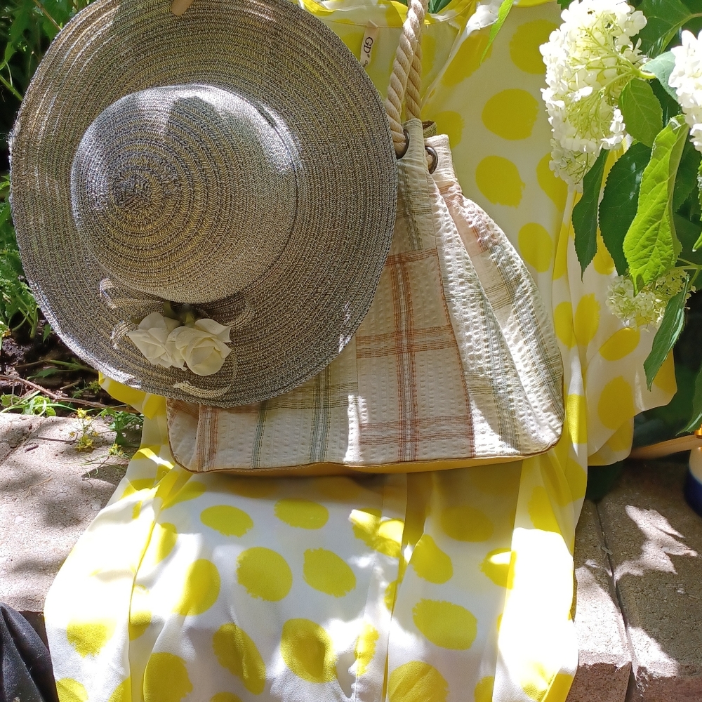 Summer Hat Grey Bag Green Peach stripes Summer Beach Cover up